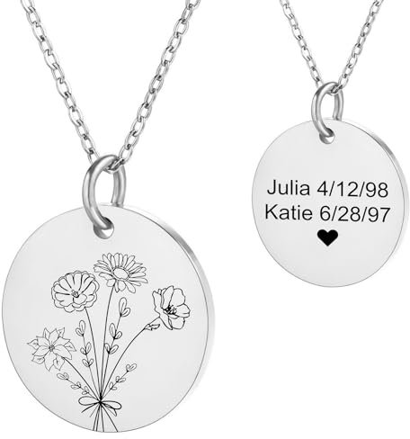 MeMeDIY Collier de Fleurs Personnalisé avec Texte Pendentif Rond en Acier Inoxydable avec Pierre de Naissance Or Rose/Argent/Or Collier Bouquet de Fleurs Gravé pour Femme (A1)