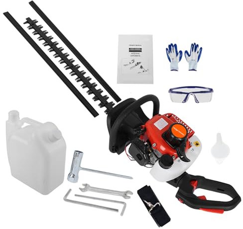 qajexluz Cortasetos de gasolina, longitud de corte de 60 cm, cuchillas de doble acción, sistema de arranque rápido, cortador de setos inalámbrico para jardín, motor de 2 tiempos de 26 cc, color rojo