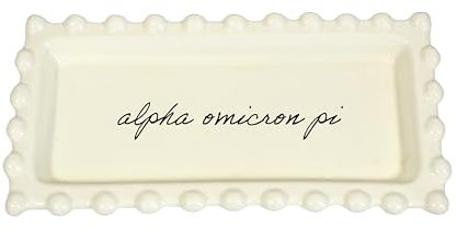 Sorority Shop Alpha Omicron Pi Plat à bijoux rectangulaire en céramique finition brillante avec nom de sororité en écriture cursive, plateau multifonction en céramique, idéal pour les bijoux et les