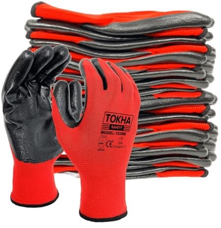48 Pairs Nitrile Coated Gloves Red Black Nylon Safety Work Glove Use for Workshop Construction Builders Gardening Grip (Red-Black, XL [10])