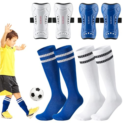 Utensilsto 2/3 Sätze Kinder Fußball Schienbeinschoner Socken Set | Verstellbare Riemen, Polyester Fußballsocken, PP-EVA Schienbeinschoner, Größe 30–37 Jungen Mädchen