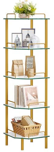 Tajsoon 5 Tier Corner Shelf Stand for Bathroom, Gold Corner Bookshelf, Multipurpose Standing Display Shelf, Tempered Glass, Modern Corner Shelving Unit for Bedroom, Living Room, Kitchen