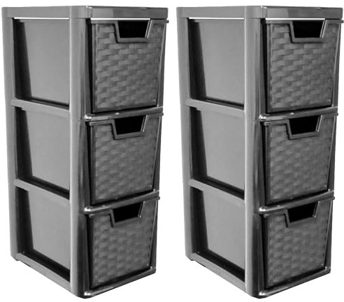 ALEEZ - Pack of 2 Rattan Drawer Storage - Home Office Table Top Organizer - 3 Drawer Black - 3 Tier Storage - 47cm x 25cm x 19cm