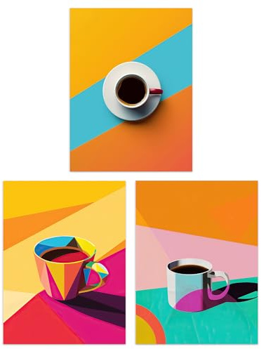 Artery8 Set of 3 Colourful Geometric Graphic Coffee Cup Living Room A4 Size Wall Art Prints Pack