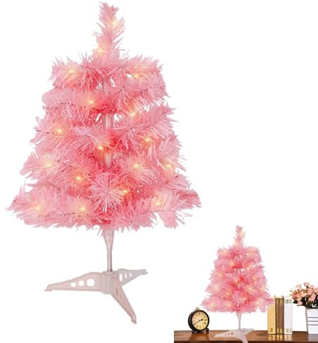 Pequeño árbol de Navidad rosa – Árbol de Navidad artificial con soporte y luces LED – Decoración festiva para interiores y exteriores para el hogar o
