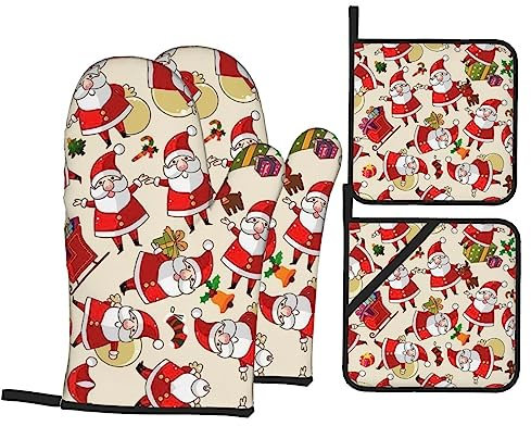 Lot de 4 maniques et maniques de Noël avec imprimé Père Noël - Résistant à la chaleur - Pour homme et femme