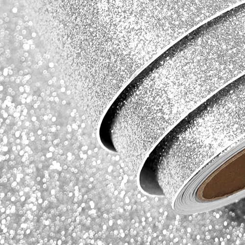 FunStick Silver Glitter Wallpaper Sparkly Contact Paper Self Adhesive Removable DIY Crafts for Adults Grey Silver Glitter Sticky Back Wallpaper for Bedroom Sticky Back Plastic for Cupboards 40CM×2M