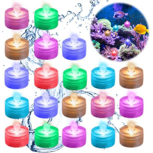 mizikuu Pequeñas luces, 20 Piezas LED sumergibles multicolor luces subacuáticas impermeable estanque iluminación mini luz RGB para acuario, jarrón, bañera, piscina, casa