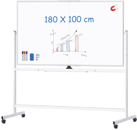 maxtek Whiteboard mit Ständer 180 X 100cm, Doppelseitiges Magnetisches Aluminiumrahmen Mobiles Whiteboard mit Stifte, Schwämme, Tafellöscher