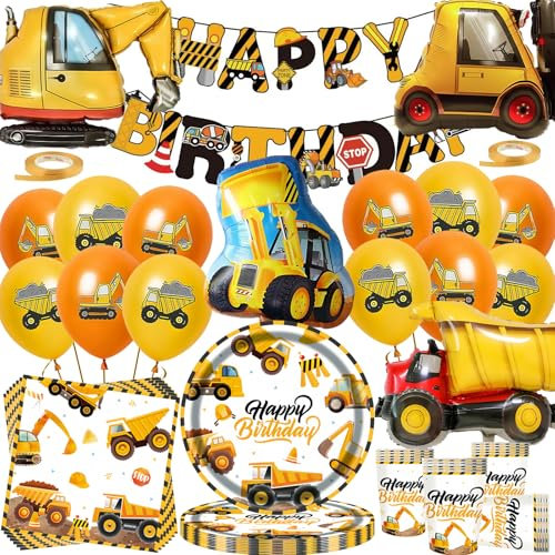 Baustelle Geburtstag Deko Set,80 Stück Baustelle Partygeschirr mit Große Baufahrzeug Folienballon Partyzubehörset,Baustelle Pappteller Tassen Servietten banner Luftballon Bagger Deko 20 Gäste