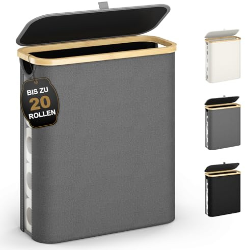 ELIHGTBY 42L Toilettenpapier Aufbewahrung mit Deckel & Sichtfenster-Ideal für20 Standard Rollen-Wasserdichter Bambus Aufbewahrung Badezimmer-klappbarer Multifunktionskorb für Bad, Kleiderschrank Grau