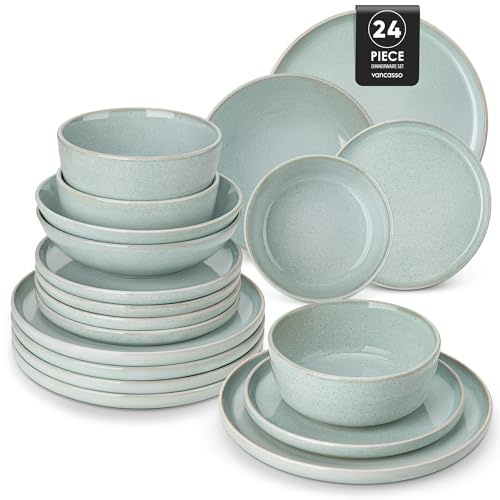 vancasso ANYA 24 Piece Stoneware Dinner Sets, Plates and Bowls Set for 6, Include Ceramic Dinner Plates, Dessert Plates, Soup Bowls and Cereal Bowl, Dishwasher and Microwave Safe, Mint Green