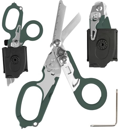 6 in 1 Emergency Response Shears Emergency Scissors Tool Stainless Steel Foldable Scissors Pliers with Strap Cutter and Glass Default (Military Green)