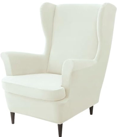 Domidekor Ohrensessel Überzug – Sesselschoner Cremefarben – Sesselbezug Stretch - Strandmon Sessel Bezug – Sesselhusse Elastisch Samt Velour Schmutzabweisend - Oeko-Tex 100