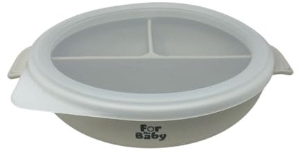 For the Baby Round Silicone Suction Bowl with 3 Compartments and Lid, 300ml + 2 x 100ml, Dusty Pink, Blue, Grey (Pale Grey)