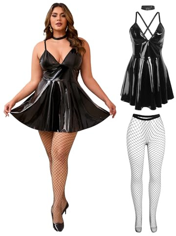 ohyeahlady Babydoll Dessous für Frauen Sexy Curvy Negligee Dessous Damen Sexy Unterwäsche mit Strumpfhosen Große Größen Lederkleid Outfit Kurz Minikleid Clubwear Reizwäsche Lack-schwarz+Strümpfe,XXL