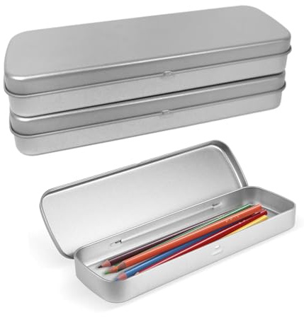 JOYOLA 3 Pieces Metal Pen Pencil, Metal Rectangular Pencil Case, Brush Storage School Makeup Brush Box for School Supplies Pen Holder Makeup Brushes Organizer (Silver)