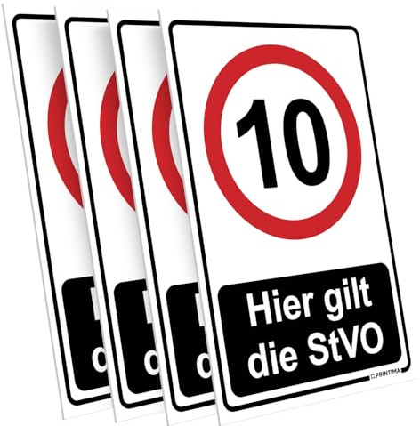 PRINTIMA 4x Schild „Hier gilt die StVO 10“ 21x32 cm – PVC Verkehrsschilder wetterfest & UV-beständig, inkl. Dübel, Geschwindigkeitsbegrenzung 10 km/h & StVO-Hinweis für Zufahrten