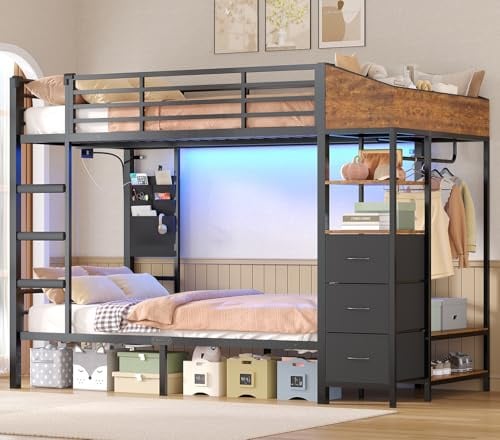 AOGLLATI Lit Superposé Enfant avec Éclairage LED et 4 Ports USB, Lit Mezzanine 2 Places avec 4 Étagères, Tringle, Sac, 3 Tiroirs et 2 Niche en Tissu, Lit Enfant 90x200 en Métal pour Familles Nombreux