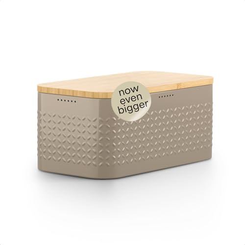 LARS NYSØM Bread Box I Metal bread box for long lasting freshness with non-slip pads I Baked goods Bin with bamboo lid usable as cutting board I 34.5x18.5x15.8cm (Taupe Brown)