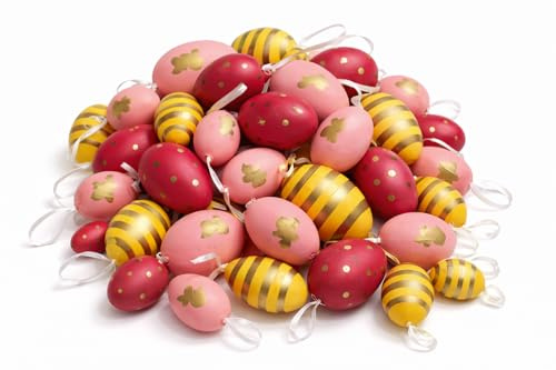 KAMACA 48er Set Ostereier Rosa-Rot-Gold – Edles Design mit Punkten, Streifen & Hasen – Mix aus 24x 6 cm & 24x 4 cm – Wetterfester Osterschmuck für Draußen & Drinnen – Deko für Osterstrauch