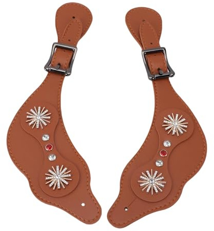 Jiawu Spur Straps, Adjustable Spur Straps with Rhinestone Decoration, Leather with Metal Buckle for Cowboy Boots Riding Equipment Set of 2 (Brown)
