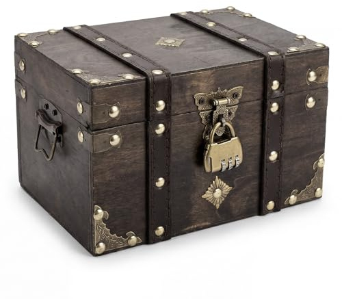 Dexpally Large Pirate Treasure Chest, Treasure Box with Lock (22 x15 x14cm) Vintage Wooden Chest for Home Decor Great Christmas Xmas Gifts, for Storing Jewelry Treasure