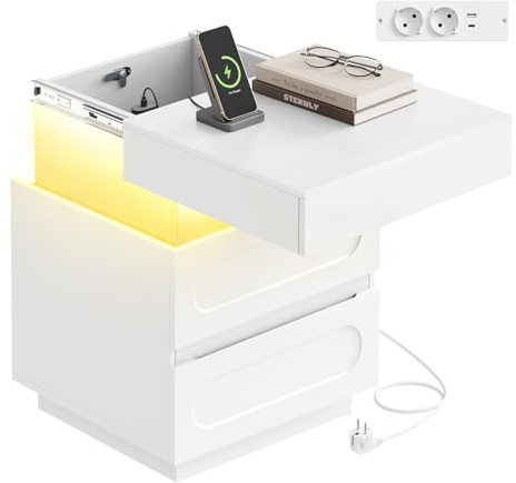 WOLTU Nachttisch mit Ladefunktion und LED-Beleuchtung, Nachtschrank, mit Geheimfach 2 Schubladen, für Schlafzimmer Wohnzimmer, 45x58x40 cm, Weiß