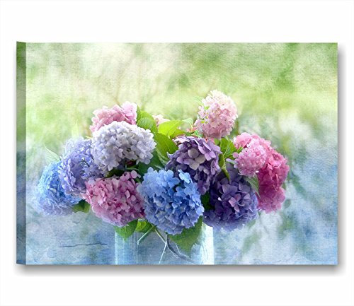 Quadri L&C ITALIA Quadro con Fiori Shabby Blu Viola Rosa per Soggiorno Moderno Camera da Letto Cucina Bagno 70 x 50 Stampa su Tela Canvas da Parete - Ortensie Vintage 2