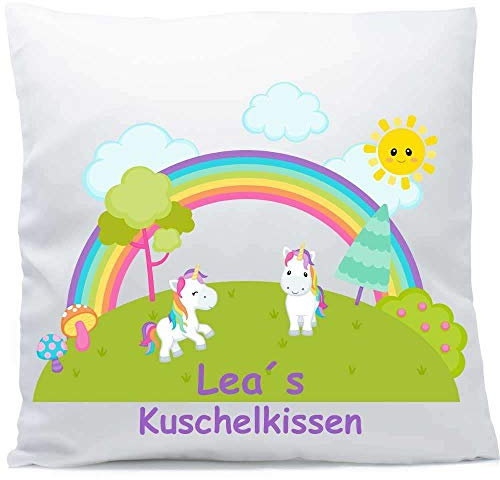 SL-Store GbR Kissen mit Namen Geburt Regenbogen Einhörner 40x40 cm inkl. Füllung Kuschelkissen, Kissen Farbe:Vorderseite weiß flauschig/RS weiß flauschig