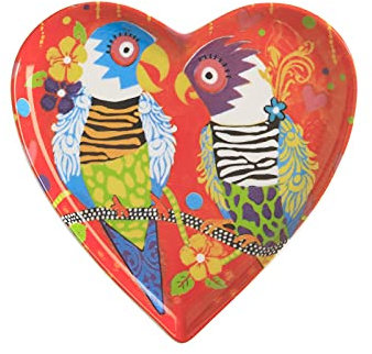 Maxwell & Williams - Petite Assiette en Porcelaine en Forme de Cœur, Motifs et Dessins d'Oiseaux Tigrés, Collection Love Hearts by Donna Sharam, 15.5 cm - Multicolores