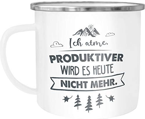 Moonworks Emaille Tasse Becher Ich atme Produktiver wird es heute nicht mehr Spruch lustig Kaffeetasse weiß-metall Emailletasse