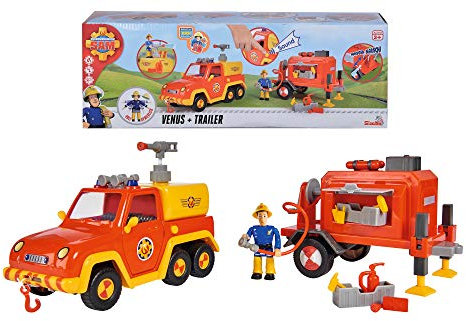 Simba 109251086 - Feuerwehrmann Sam Venus mit Anhänger und Arnold Figur, Originalsound, Wasserspritzfunktion, Feuerwehrauto, ab 3 Jahren