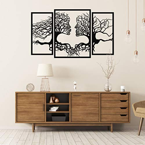 DEKADRON Art mural arbre de vie en métal, 3 panneaux, décoration murale moderne, 3 pièces de tentures murales, art mural en métal noir, utilisation en intérieur/extérieur, 125 x 73 cm (l x H)