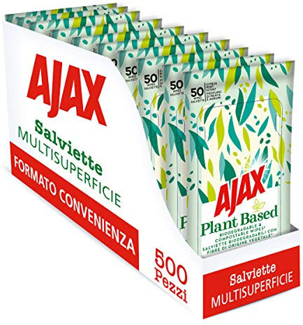 Ajax Lingettes hygiéniques jetables Plant Based multi-surfaces, biodégradables et avec fibres d'origine végétale, 500 lingettes