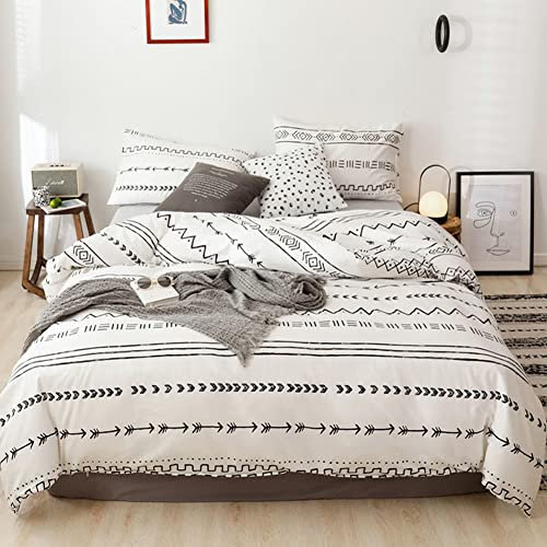 Nyescasa Schwarz Weiß Bettwäsche Set 135x200 4teilig Bohemian Geometrisch Gestreift Muster Wendebettwäsche 100% Baumwolle Schwarz Weiss Bettbezug mit Reißverschluss und 2 Kissenbezug 80x80 cm