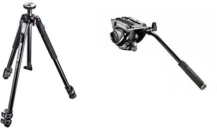 Manfrotto 190X Aluminium 3 Section Tripod & MVH500AH, Lightweight Fluid Video Head with Flat Base, Sliding Plate for Rapid Camera Connection, Supports Multiple Tripods