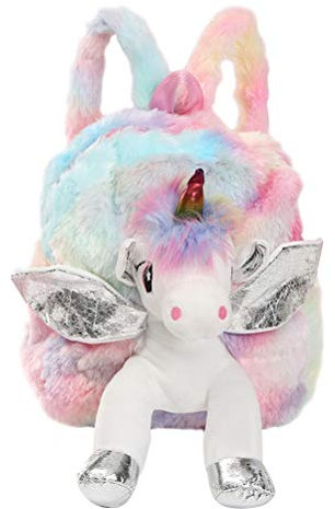 Einhorn-Design, Plüsch-Rucksack, Tasche, bunte Schulranzen, Büchertasche für Kinder (silberfarbene Flügel)
