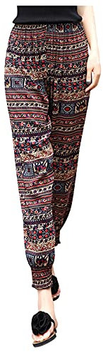 KEERADS Damen Printed Elastische Taille Freizeithose Hosen Bohemian Beach Bloomers(Rot,XXL)