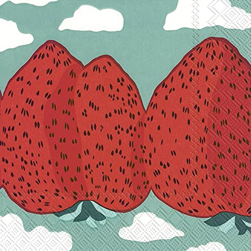 Marimekko MANSIKKAVUORET Papierservietten, türkis, Erdbeeren, 20 Stück pro Packung, 3-lagig, 33 cm, quadratisch