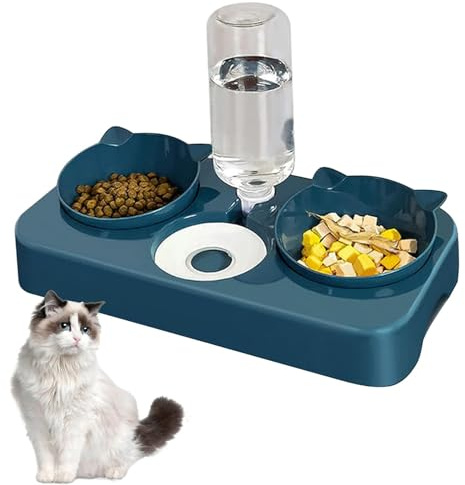 Bol pour Chat 3 en 1, Gamelles pour Animaux, Bol pour Chien Incliné à 8 °, Double Bol de Nourriture pour SéParation SèChe et Humide et Abreuvoir Automatique (Bleu)
