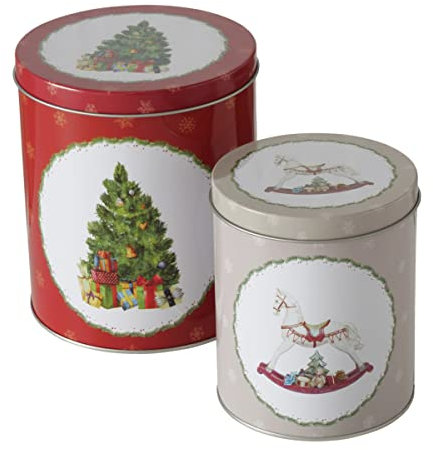 RiloStore 2er SET Keksdose SCHAUKELPFERD TANNENBAUM Weihnachten Metalldosen rund XL weiss rot n419 Weihnachten Keksdosen Vorratsdose xmas Plätzchendosen Vorratsbehälter