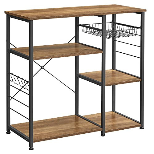 VASAGLE ALINRU Kitchen Baker’s Rack, Coffee Bar, Microwave Oven Stand, with Steel Frame, Wire Basket, 6 Hooks, for Mini Oven, Spices Utensils, Industrial, Rustic Walnut and Black UKKS090B41