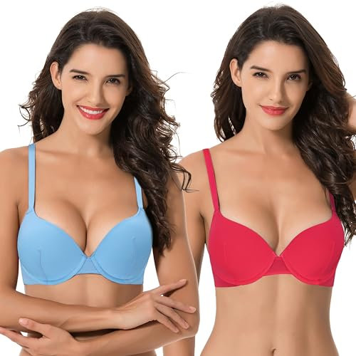 Curve Muse Women's Light Lift Add 1 Cup Push Up Underwire Convertible Tshirt Bra, Blue,coral(2 Pack), 38D