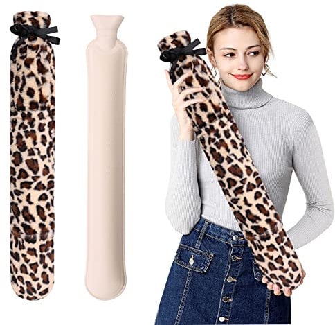 Cyiecw Lange Wärmflasche mit Weichem Bezug, 2L Gummi Schlauchwärmflasche für Nacken und Schulter, Rücken, Beine, Leopardendruck, 72×12cm