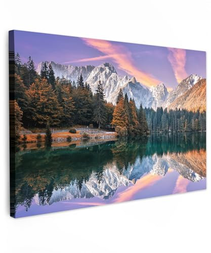 MuchoWow© Leinwand Groß 120x80 cm XXL Deko Schlafzimmer Aesthetic Leinwandbilder Wohnzimmer Gemälde Foto Geschenk Living Room Decoration Bilder Natur - Berge - Wald - Wasser - Himmel - Rosa - Lila