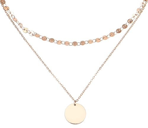 BaubleStar Doppel Layered Coinkette Roségold Damen Layering Halskette mit Runder Plättchen Anhänger aus Edelstahl Geschenk Schmuck für Frauen Mädchen