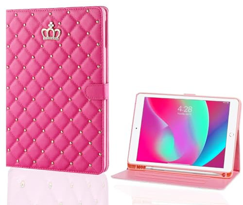 HDTOP Case for iPad 9th/8th/7th Generation 10.2 inch 2021/2020/2019, PU Leather Crown Bling Folio Stand Cover with Built-in Apple Pencil Holder - Auto Wake/Sleep Multiple Viewing Angles (Rose Pink)