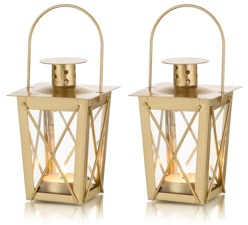 NUPTIO Laterne für Teelichter Kleine - 2 Stück Gold Laternen für Draußen Weihnachten Teelichter Deko Teelicht Kerzen Metall Laternenset Teelichthalter Mini Garten im Freien Hängende