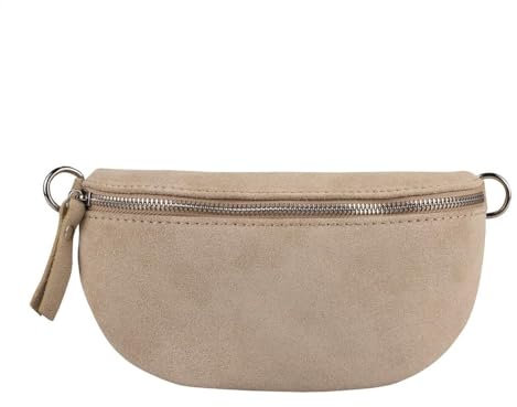 Made in Italy Damen Leder Tasche Gürteltasche Crossbody Hüfttasche Bauchtasche Umhängetasche Wildleder Brusttasche Crossover Bodybag Schultertasche Handytasche Geldtasche Taupe S (Wildleder)